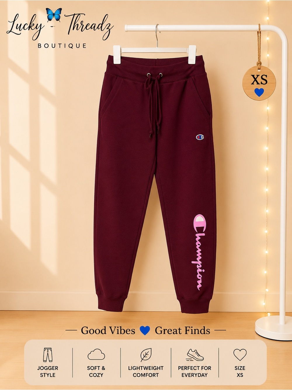 Champion Powerblend Fleece Joggers Maroon Burgundy Pink Script Logo XS